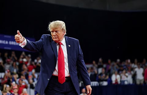 US President Donald Trump gives a thumbs up after speaking during a rally at Florida Gulf Coast University's Alico Arena ahead of the midterm elections, in Fort Myers, Florida, US, October 23, 2026. 