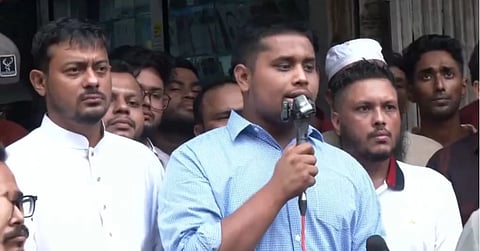 NCP Chief Organiser (Southern Region) Hasnat Abdullah speaks at a public outreach programme in Mugda, Dhaka, on Monday.