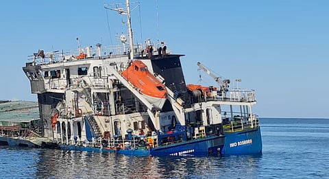 The fire-damaged "Royad Mammadov" ship in the Black Sea after a fire aboard the vessel outside Romania's territorial waters left two people dead and prompted a rescue operation in which others were rescued. 