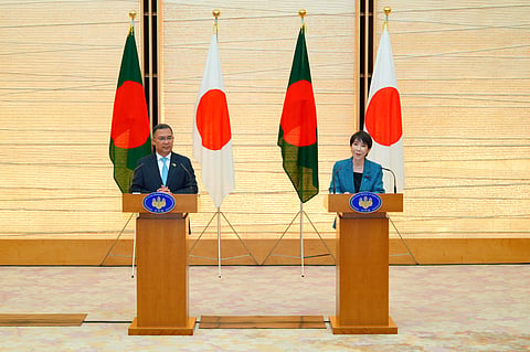 Bangladesh Prime Minister Tarique Rahman and Japanese Prime Minister Sanae Takaichi during a joint briefing in Tokyo on Tuesday.