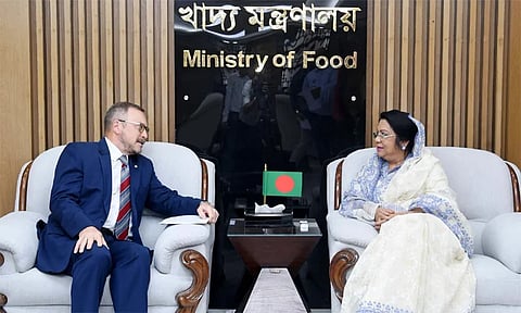 Food Minister Afroza Khanam meets Russian Ambassador Alexander Khozin at her office in Dhaka on Tuesday.