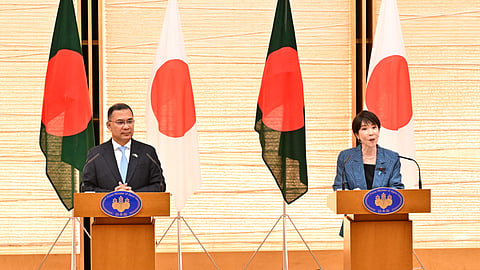 Prime Minister Tarique Rahman and Japanese Prime Minister Sanae Takaichi attend a joint press briefing following their bilateral meeting.