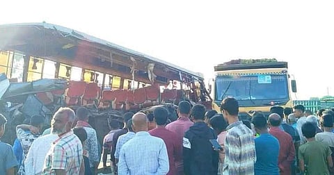 Three people were killed and 14 others injured when a night coach rammed into a stationary drum truck at Bairagiganj in Mithapukur upazila of Rangpur
