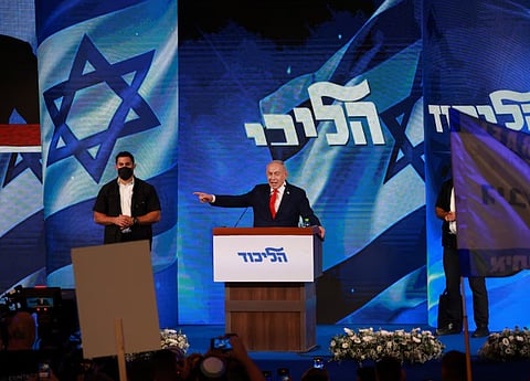 Israeli Prime Minister and Likud party leader Benjamin Netanyahu speaks after exit polls, at his party headquarters during Israel's national election, in Jerusalem, October 28, 2026.