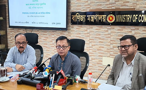 Commerce Minister Khandaker Abdul Muktadir speaks to journalists ahead of a meeting with importers and traders at the Ministry of Commerce on Wednesday.