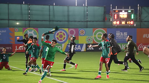 Bangladesh Under-15 team players celebrate after winning the penalty shootout against Singapore on Wednesday.