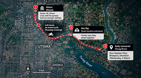An illustrative map traces the reported final movements of former Bangladesh Air Force flight lieutenant KM Tahsif Sauri