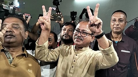 BNP candidate Mirza Faisal Amin flashes a victory sign after the Thakurgaon-1 by-election.