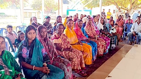 Tea workers hold a protest meeting in front of the temple at Lalchand Tea Garden in Chunarughat upazila on October 28, 2026.