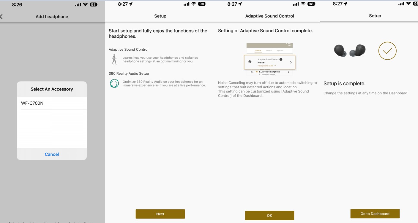 Sony WF-C700N earbuds connected to iPhone through Sony Headphones Connect app