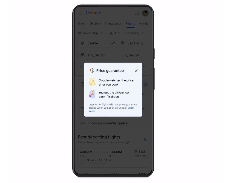 Google Flights Price Guarantee feature