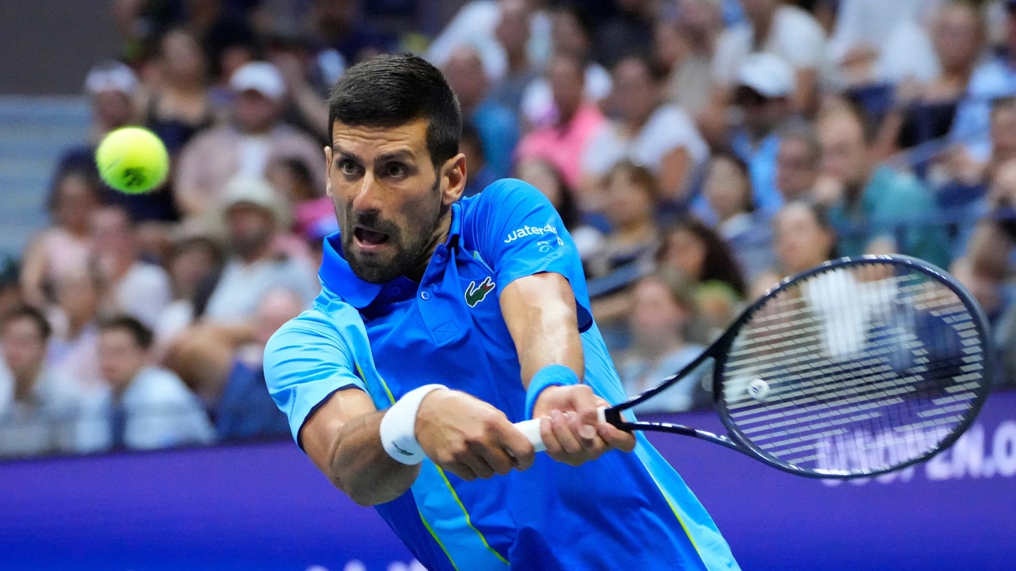 Sept 3, 2023; Flushing, NY, USA; Novak Djokovic of Serbia hits to Borna Gojo of Croatia on day seven of the 2023 U.S. Open tennis tournament at USTA Billie Jean King National Tennis Center.