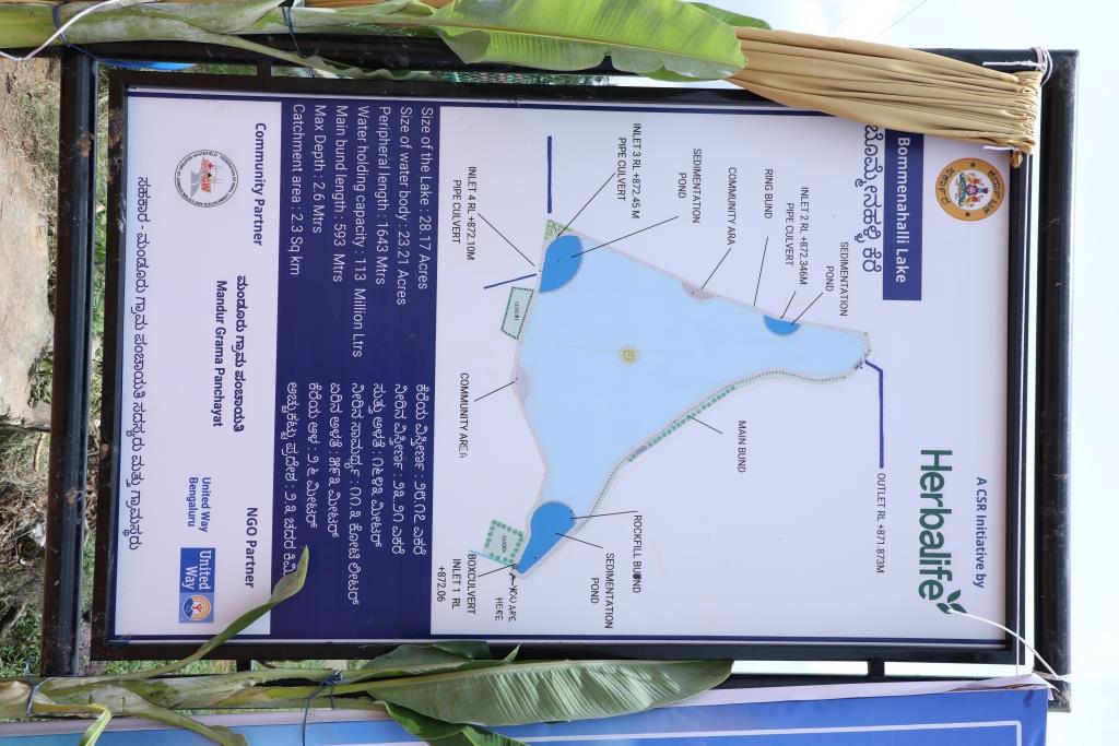 A display board unveiled during the groundbreaking ceremony at Bommenahalli lake Mandur panchayat on Thursday. SPECIAL ARRANGEMENT 