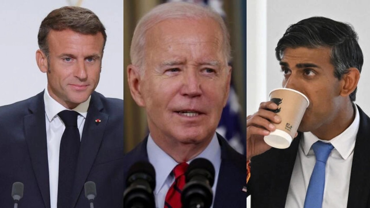 French President Emmanuel Macron, US President Joe Biden, and UK PM Rishi Sunak. (L-R) 