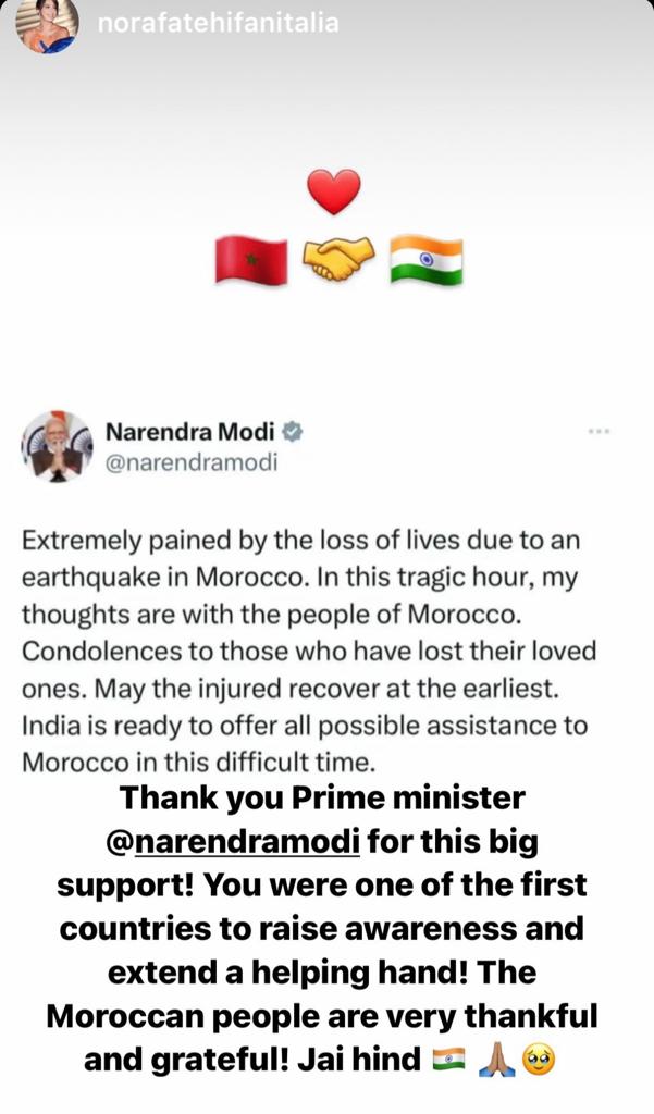 Nora Fatehi's story on Instgram. 