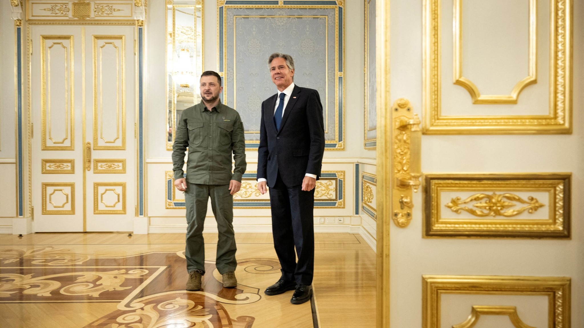 Ukraine's President Volodymyr Zelenskyy greets US Secretary of State Antony Blinken before a meeting at Bankova in Kyiv, Ukraine on September 6, 2023. 