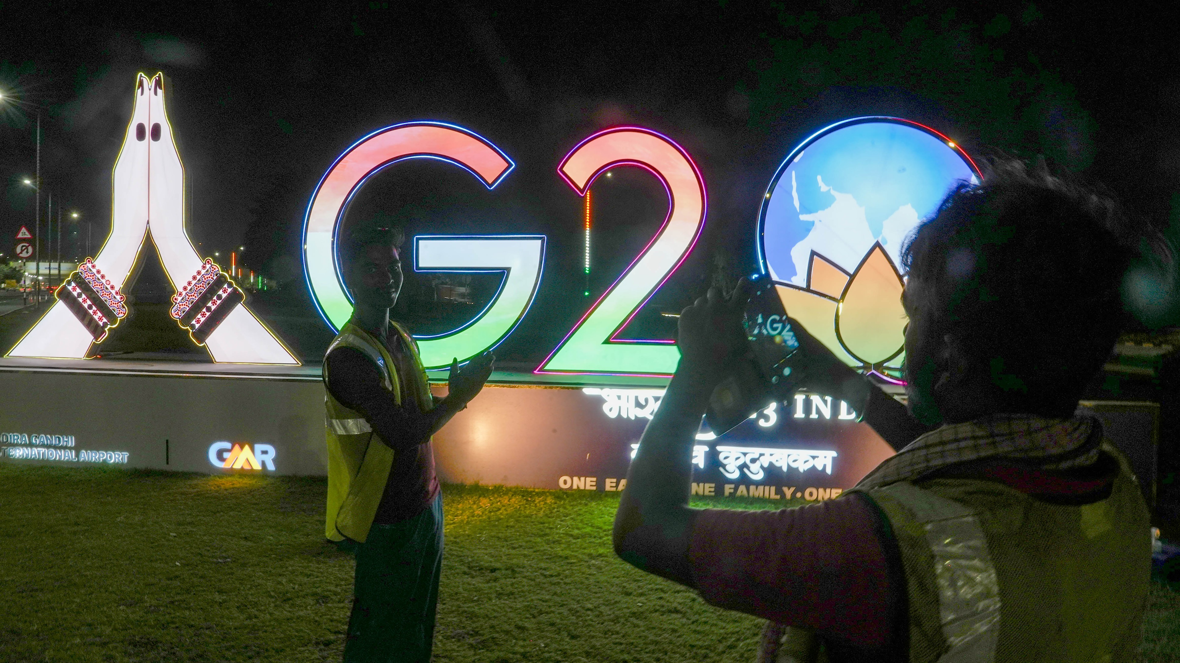 An installation at Terminal 3 of Indira Gandhi Internation Airport ahead of the G20 Summit, in New Delhi, Saturday, Sept. 2, 2023