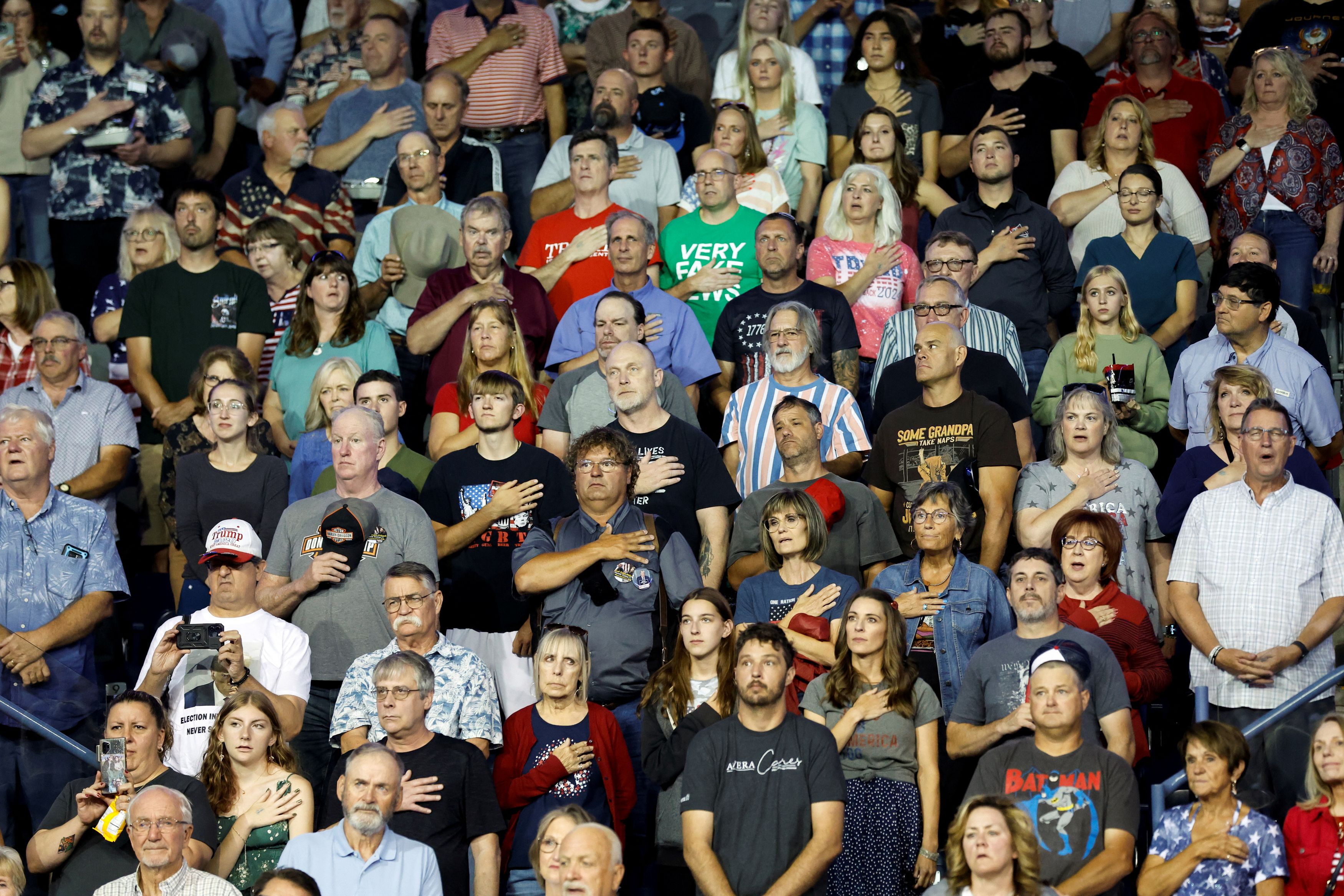 Supporters of former U.S. President Trump gather for him to speak at a Republican campaign rally in Rapid City, South Dakota.