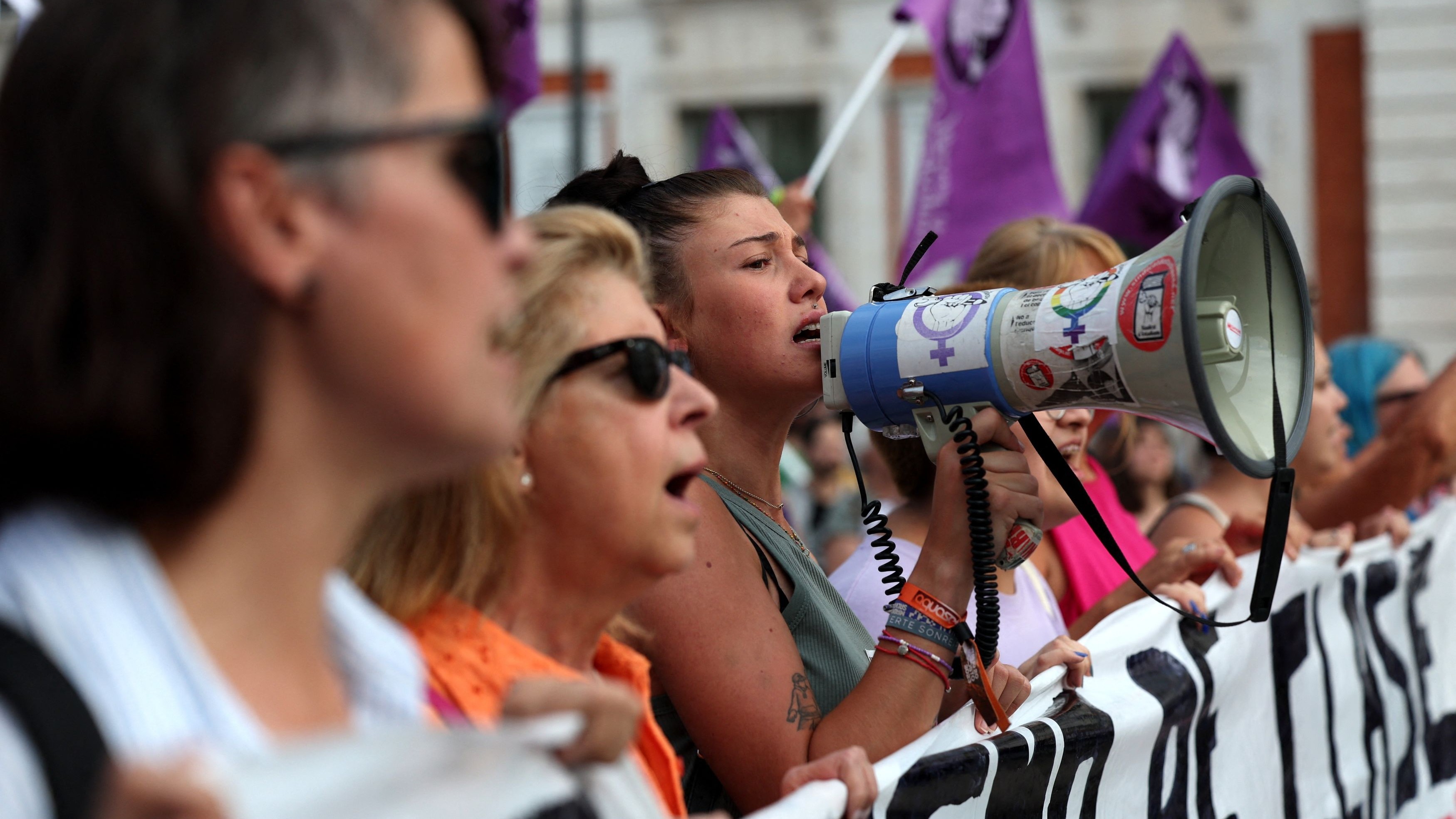Soccer Football - People protest against Royal Spanish Football Federation President Luis Rubiales - Puerta del Sol, Madrid, Spain - September 1, 2023 A megaphone is held during a protest against Royal Spanish Football Federation President Luis Rubiales. 