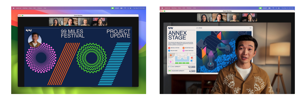 Once updated to the latest macOS 14, Mac devices will support small overlay (left) and large overlay (right) during video presentation.