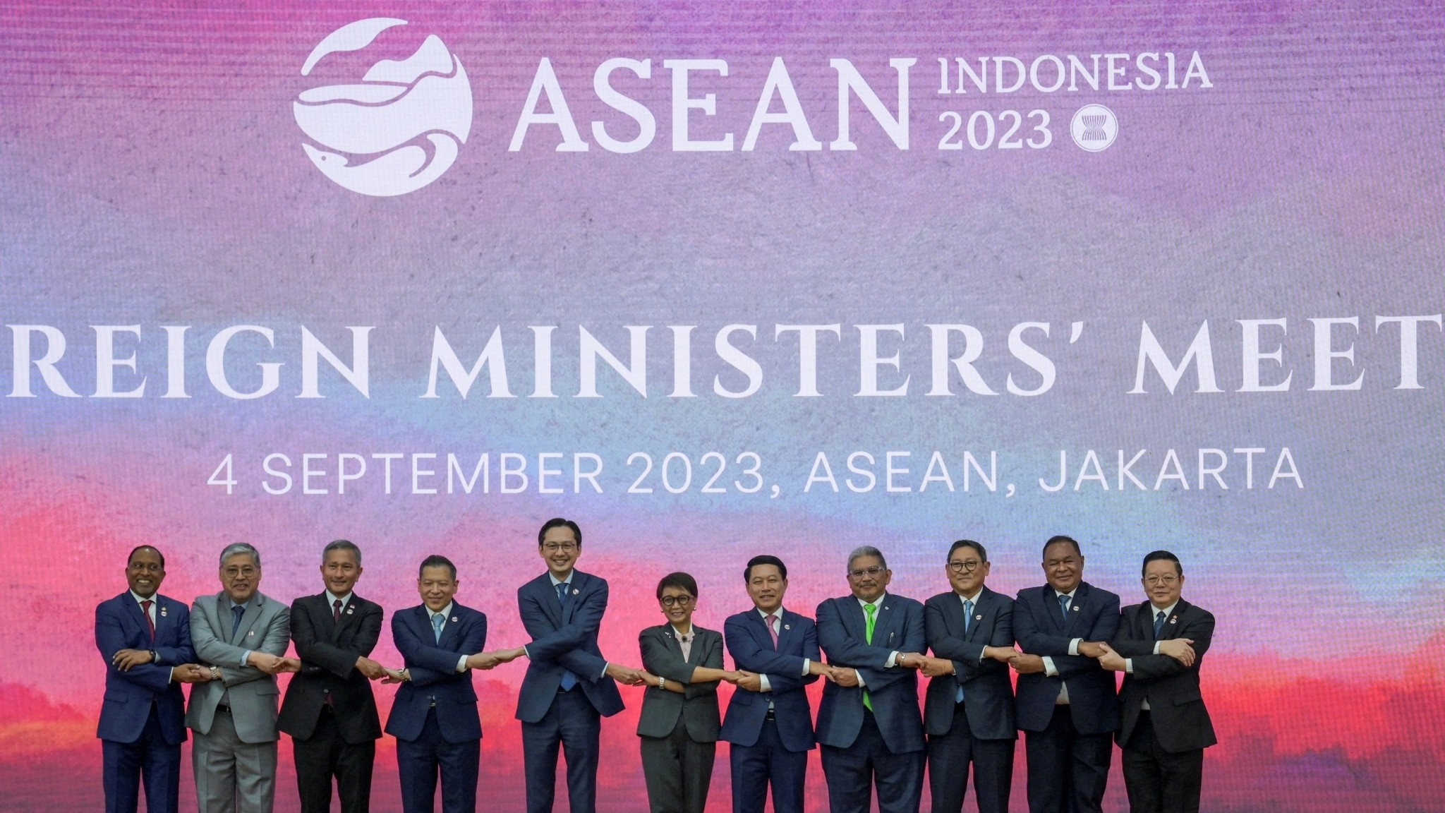 Family photo session of the ASEAN Foreign Ministers' meeting in Jakarta, Indonesia, September 4, 2023. 