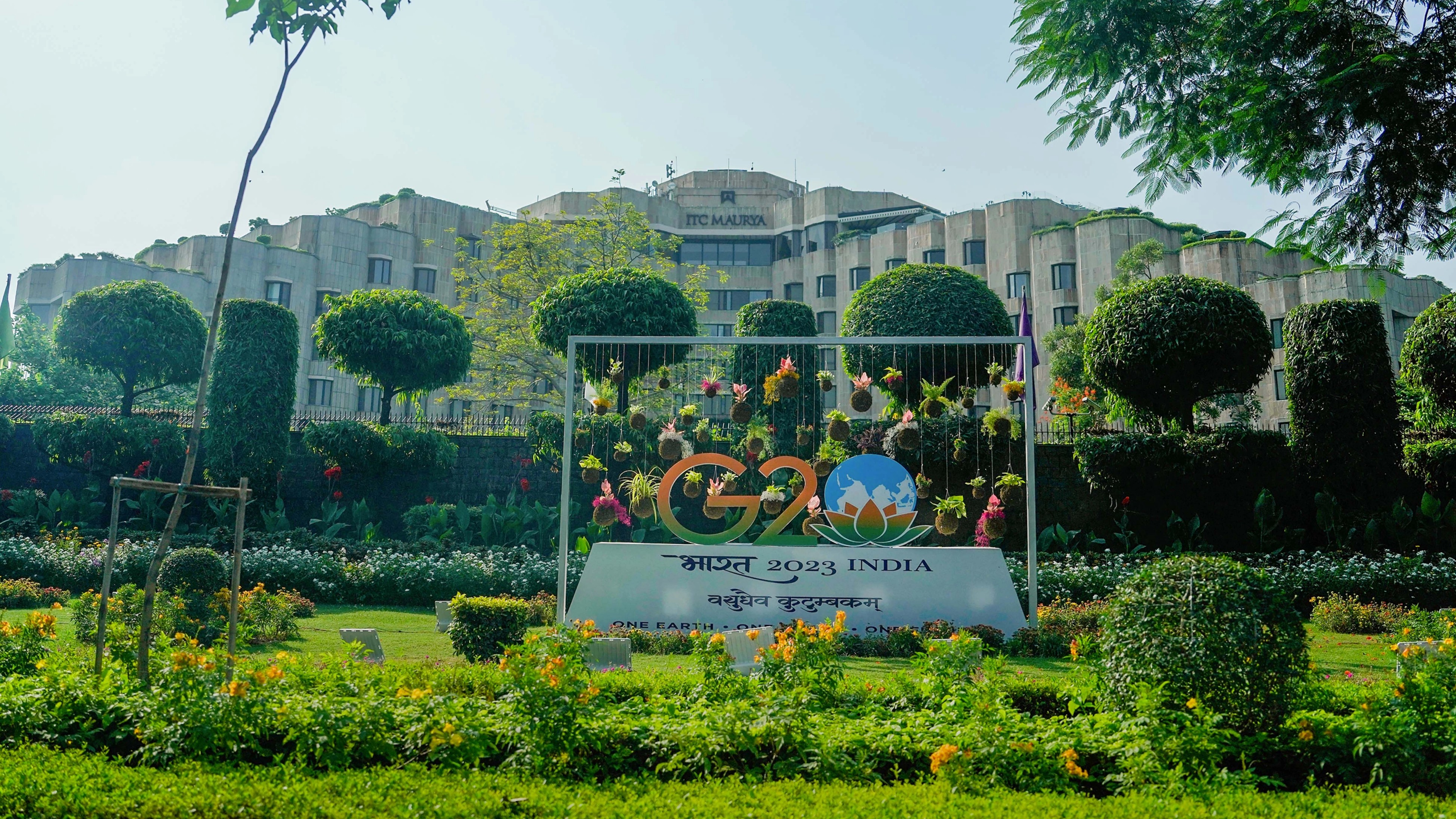 G20 logo installed at ITC Maurya Hotel in preparation for the G20 Summit, in New Delhi.