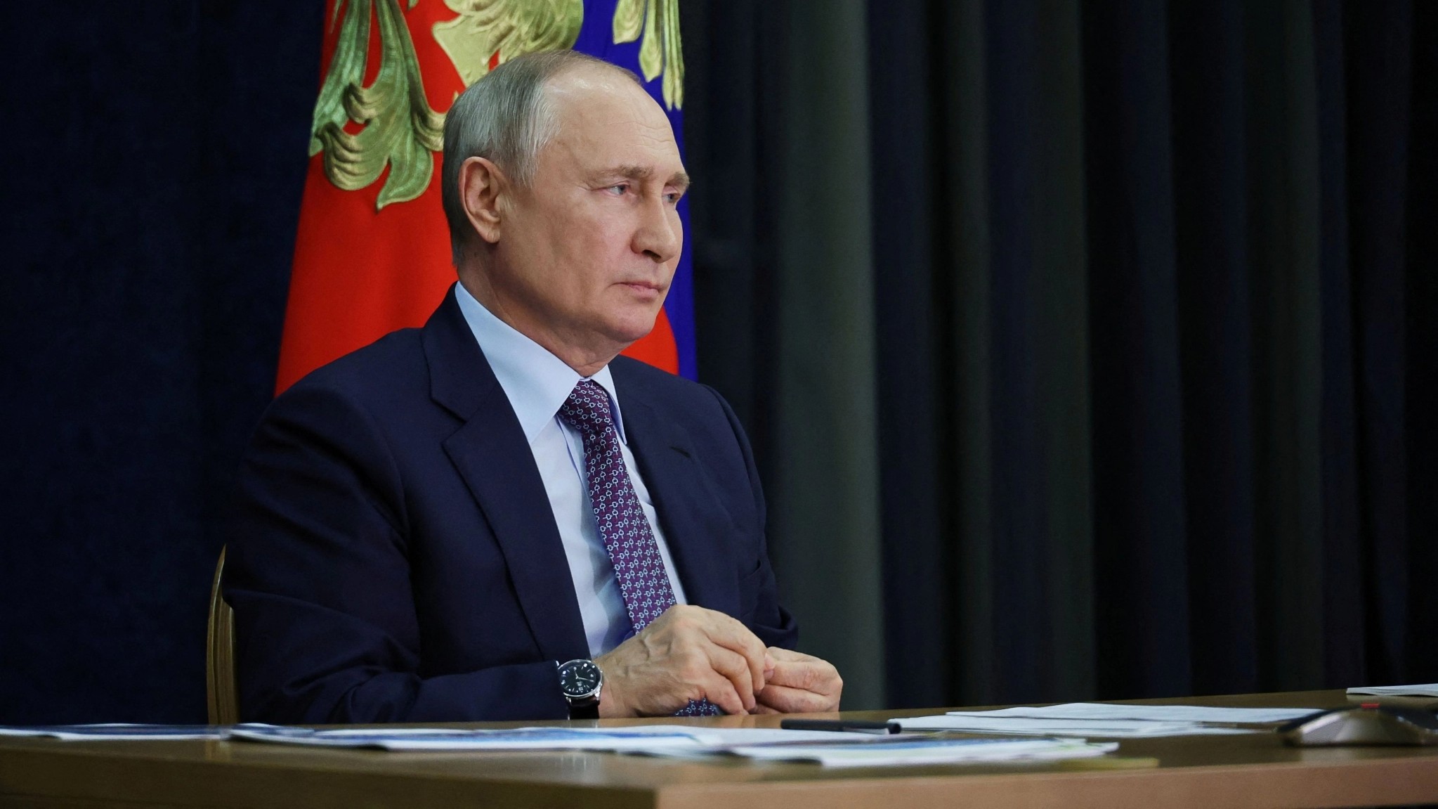Russian President Vladimir Putin holds a meeting on the implementation of the development program for the cities of Anadyr, Magadan and Yakutsk in the Russian Far East, via video link in Sochi, Russia September 5, 2023. 