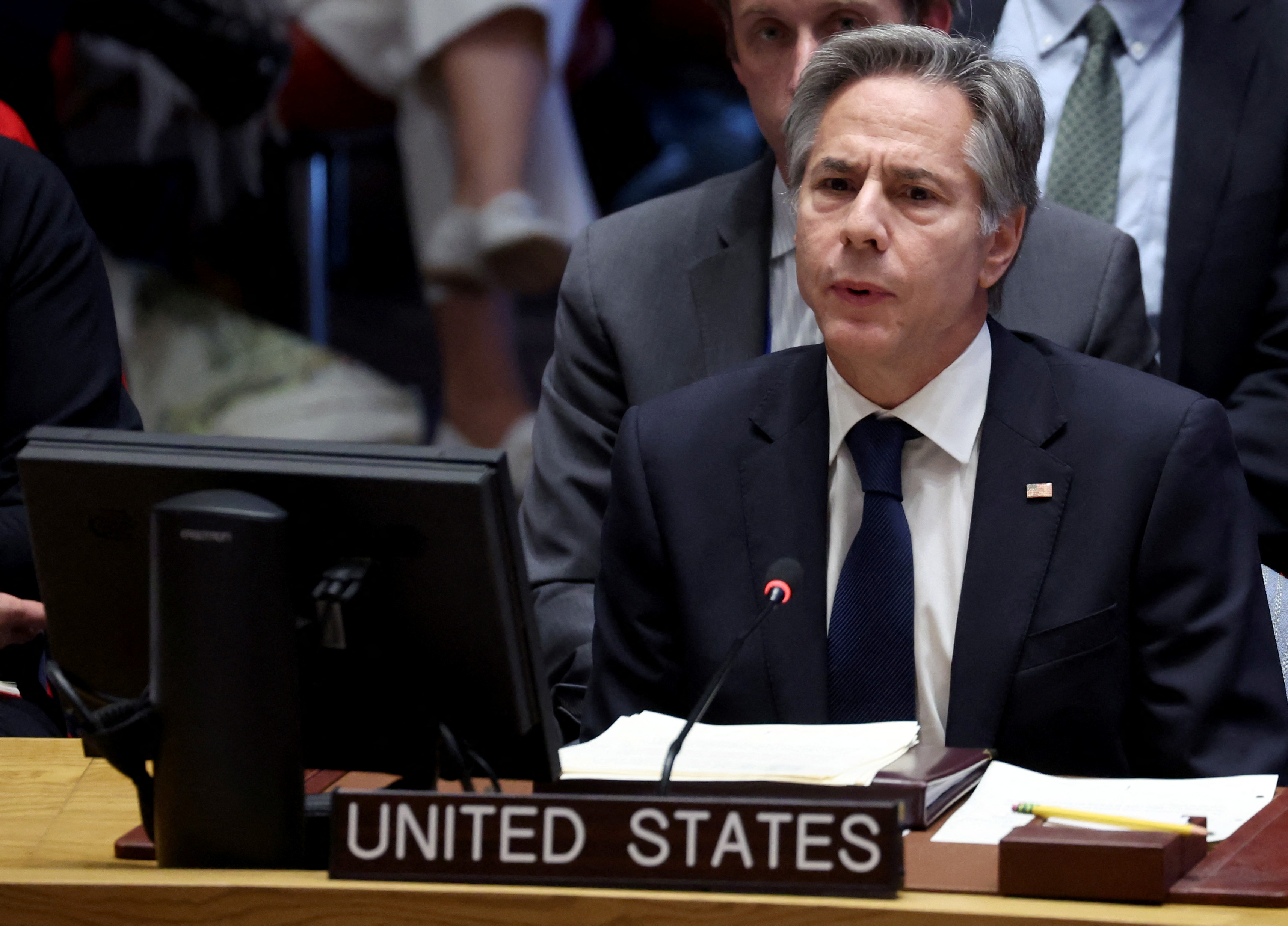 US Secretary of State Antony Blinken speaks during a meeting on the conflict between Israel and the Palestinian Islamist group Hamas at UN headquarters in New York, US, October 24, 2023. 