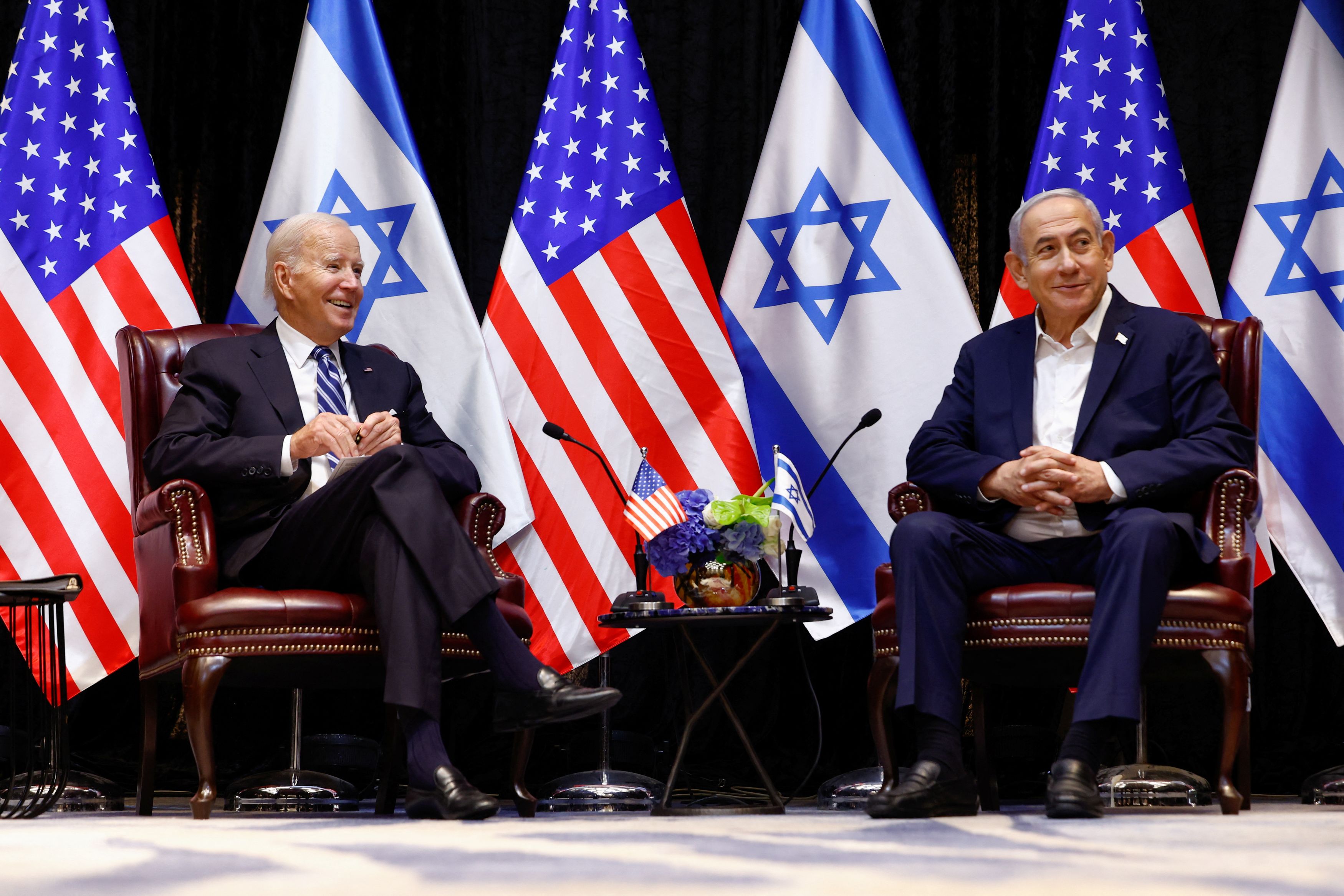 U.S. President Joe Biden meets with Israeli Prime Minister Benjamin Netanyahu and the Israeli war cabinet, as he visits Israel amid the ongoing conflict between Israel and Hamas, in Tel Aviv, Israel, October 18, 2023.