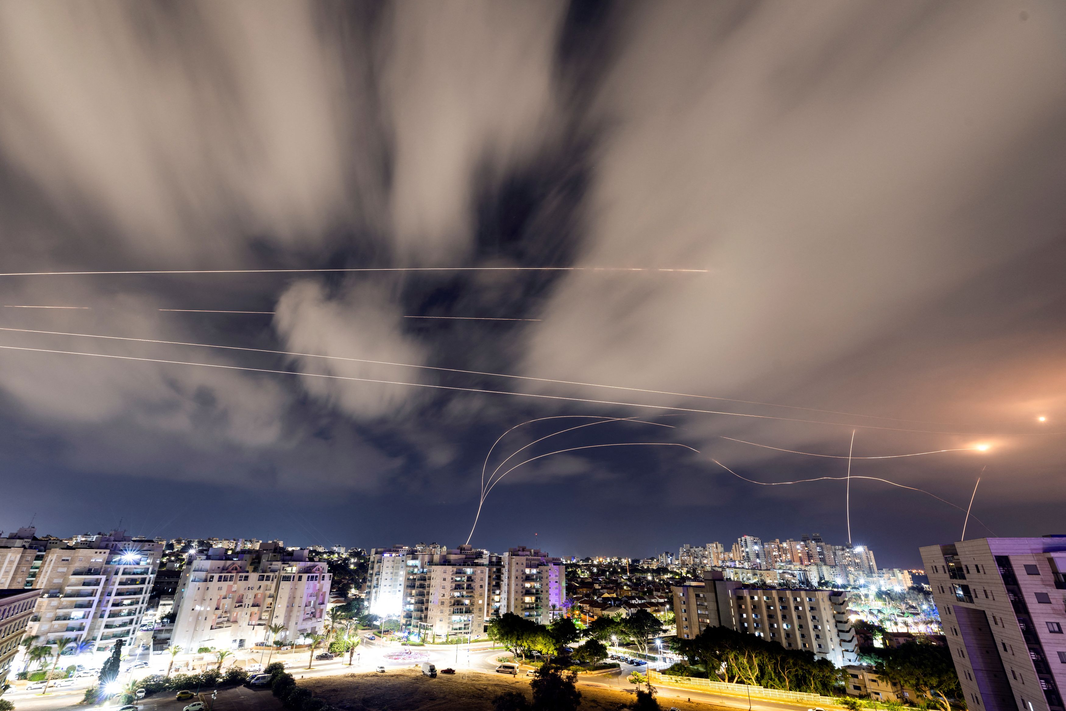 Israel's Iron Dome anti-missile system intercepts rockets launched from the Gaza Strip, as seen from Ashkelon, in southern Israel, October 14, 2023. 