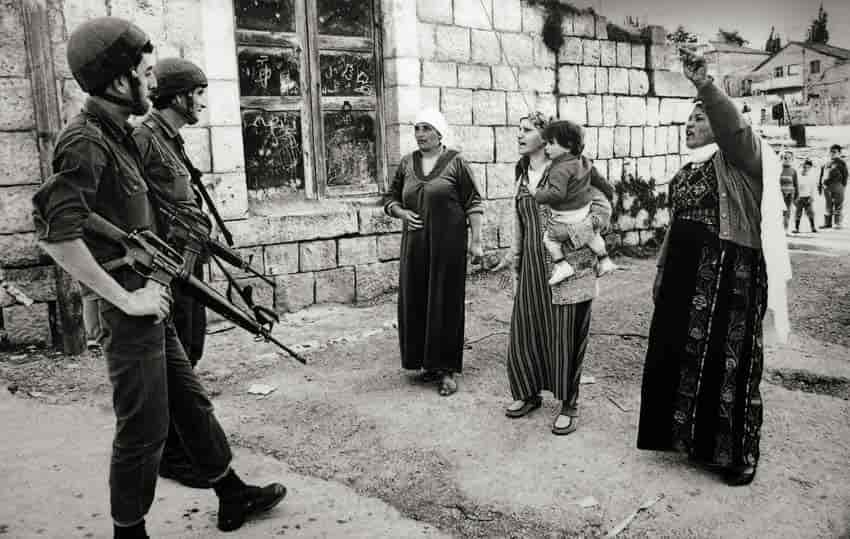 Palestinian women demonstrating against Israeli soldiers in Jabalia, Gaza, during the First Intifada, undated.