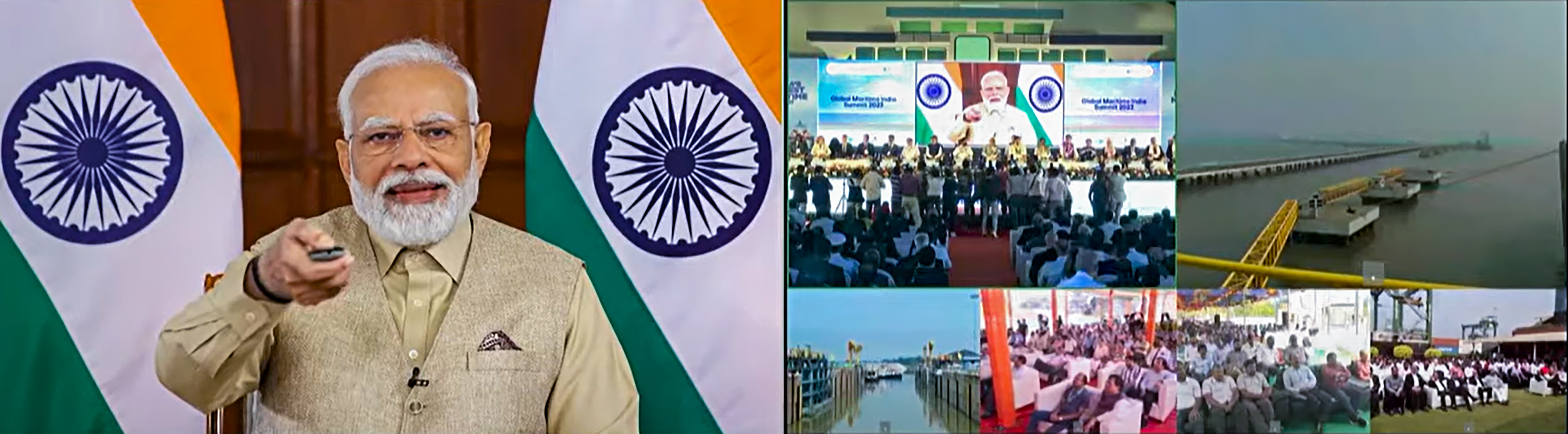 **EDS: VIDEO GRAB VIA PMINDIA WEBSITE** New Delhi: Prime Minister Narendra Modi attends the inauguration of the Global Maritime India Summit (GMIS) 2023 via a video conference on Tuesday Oct. 17 2023. (PTI Photo)(PTI10_17_2023_000037B)