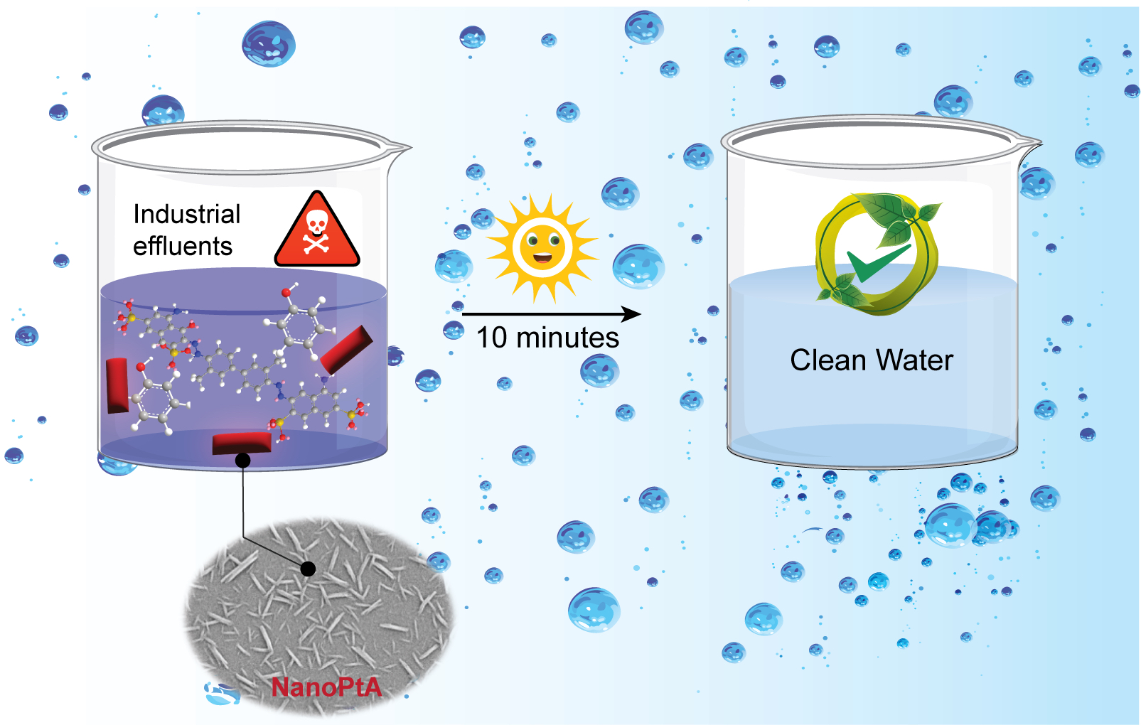 A schematic representation of toxic chemical degradation in water under sunlight using NanoPtA.
