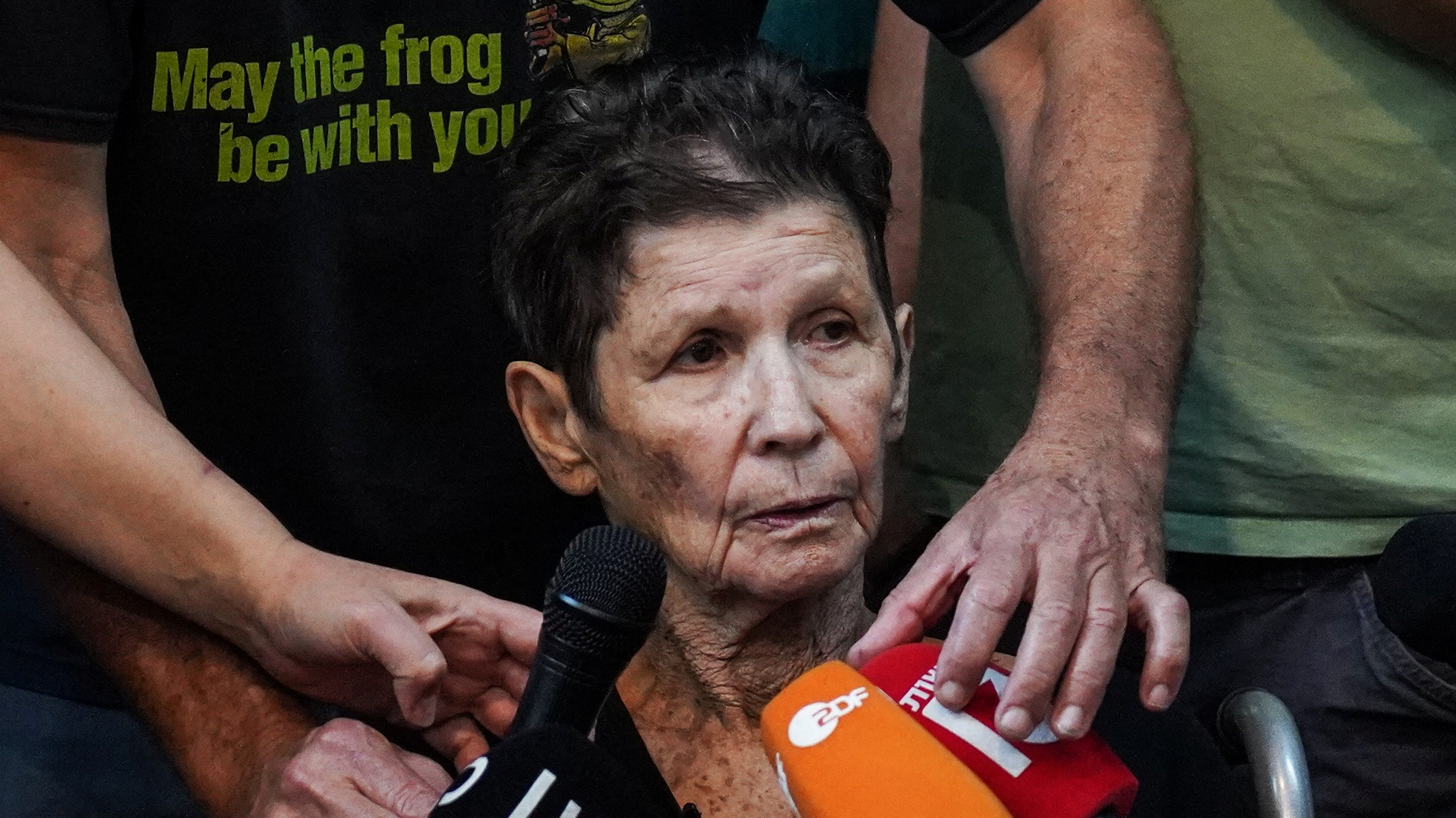 Yocheved Lifshitz, 85, an Israeli grandmother who was held hostage in Gaza, speaks to members of the press after being released by Hamas militants, at Ichilov Hospital in Tel Aviv, Israel October 24, 2023.