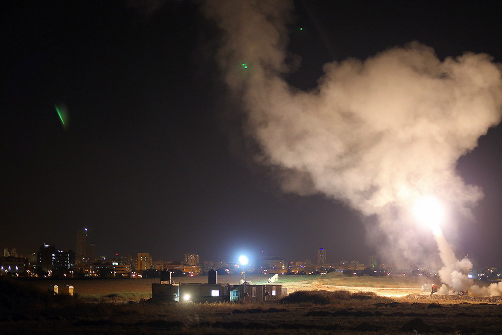 The Iron Dome system intercepts Gaza rockets aimed at central Israel, as part of Israel's Operation Protective Edge, 2014.
