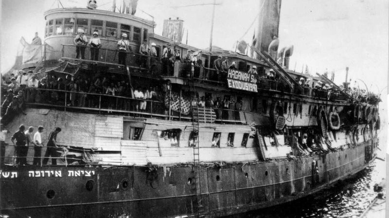 Jews, largely Holocaust survivors, on their way from France to Mandatory Palestine, aboard the SS Exodus.