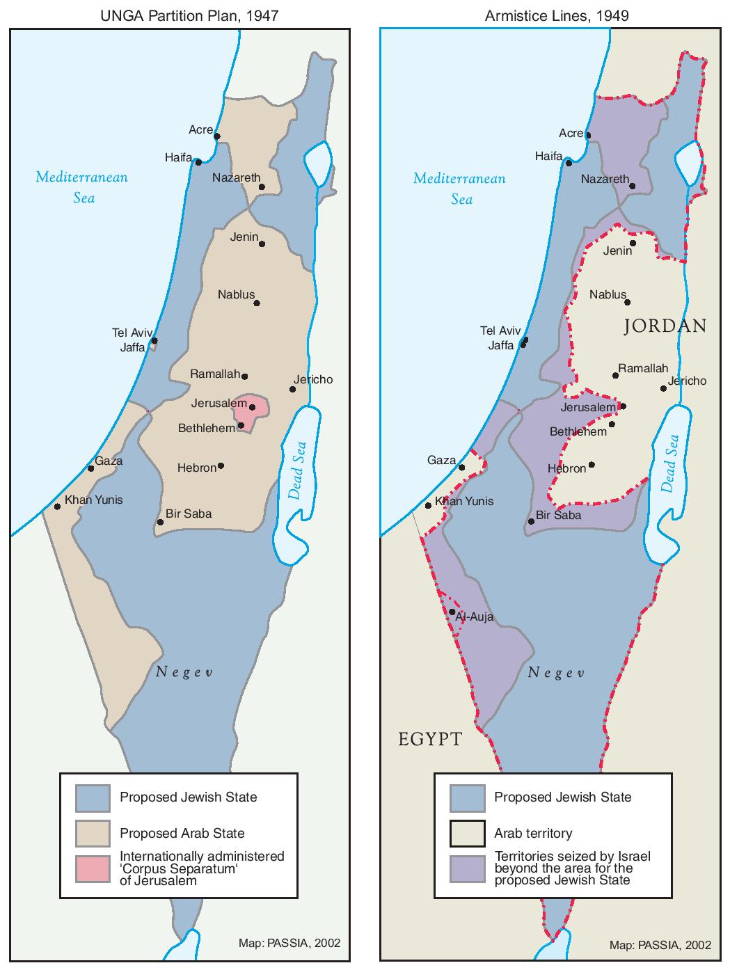 The aftermath of the first Arab-Israeli War. Israel ended up occupying more territory than originally allotted to it per the UN plan, Jordan took control of the West Bank, and Egypt took control of the Gaza Strip.