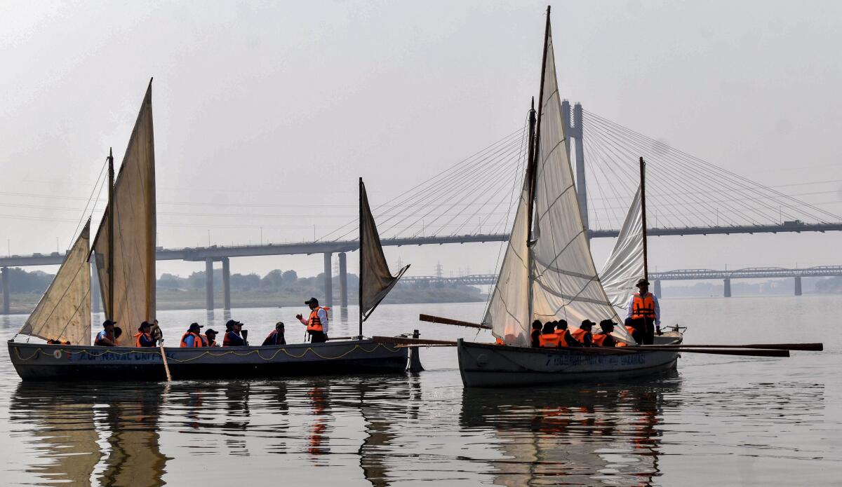 NCC cadets of naval wing during flag off ceremony of Prayagraj Nauka Abhiyan 2023 at the bank of River Yamuna, in Prayagraj.
