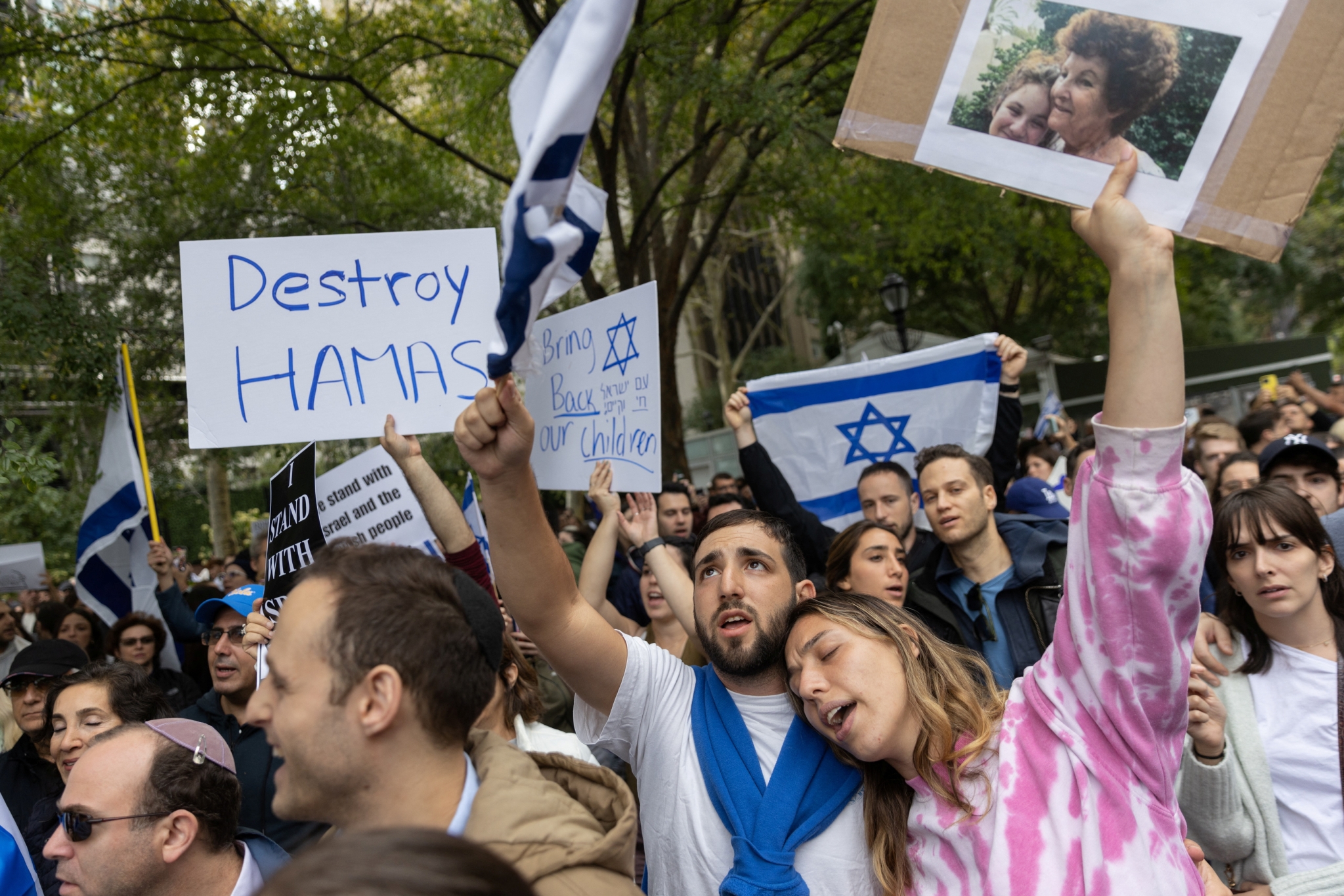 Pro-Israel demonstrators protest during the second day of the ongoing conflict between Israel and the Palestinian militant group Hamas, in Manhattan in New York City.