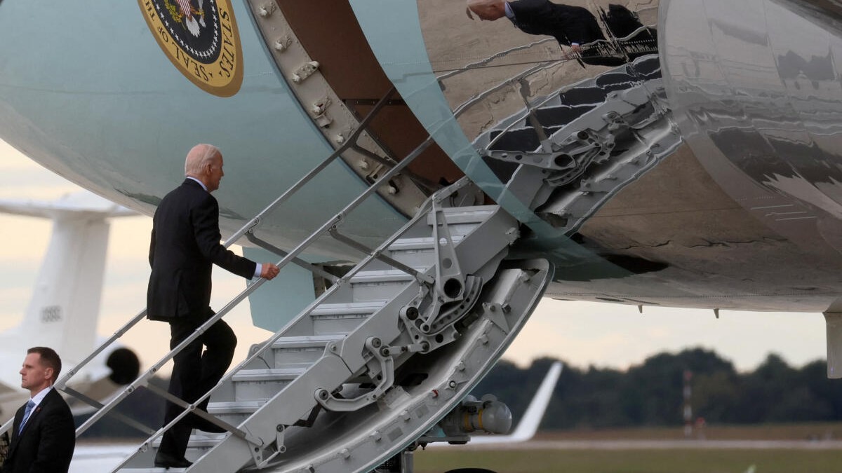 U.S. President Joe Biden boards Air Force One for travel to Tel Aviv, Israel, from Joint Base Andrews, Maryland, U.S., October 17, 2023.