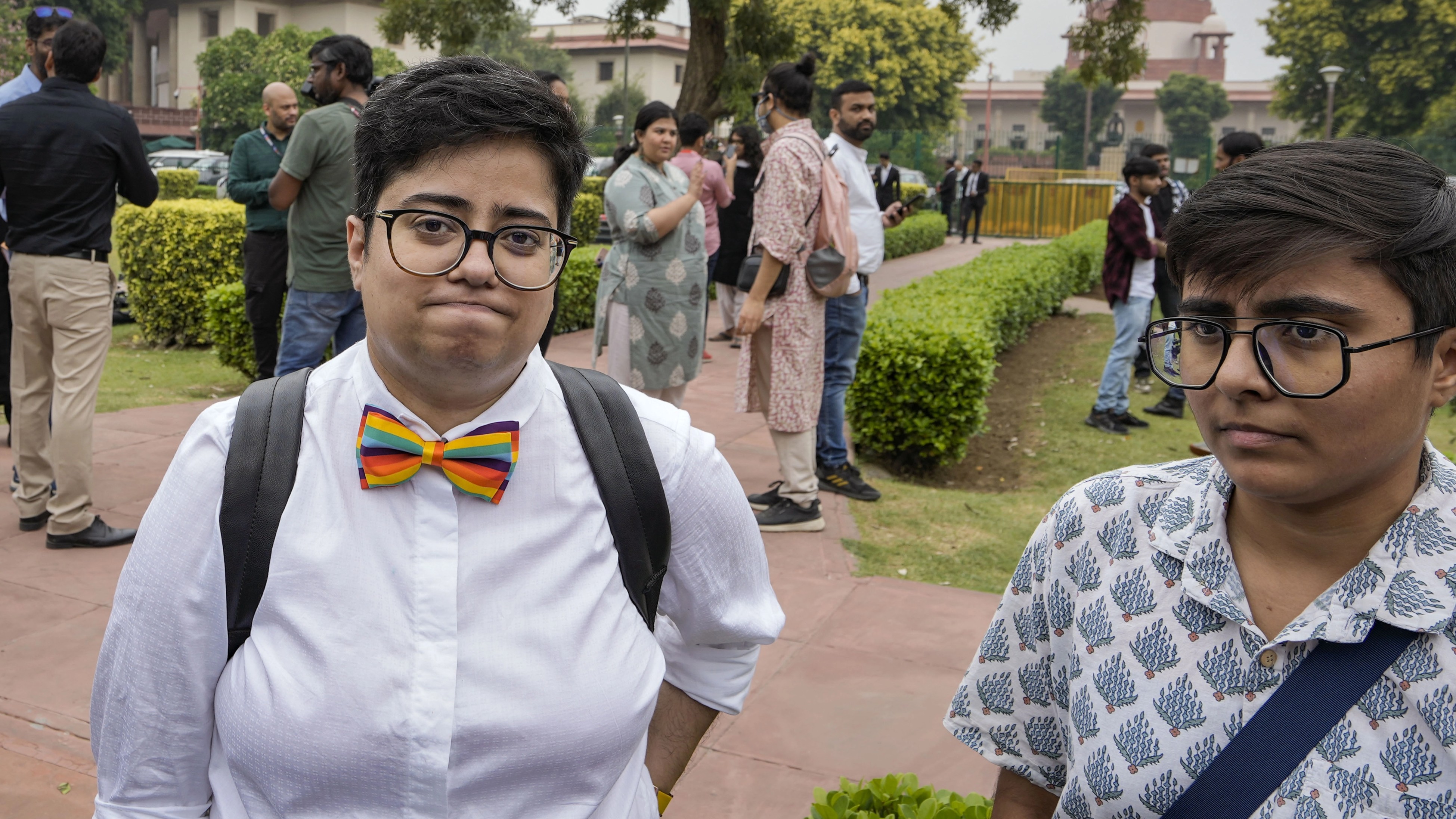LGBTQ+ rights activist Amrita at the premises of the Supreme Court during pronouncement of verdict on same-sex marriages by the apex court, in New Delhi.