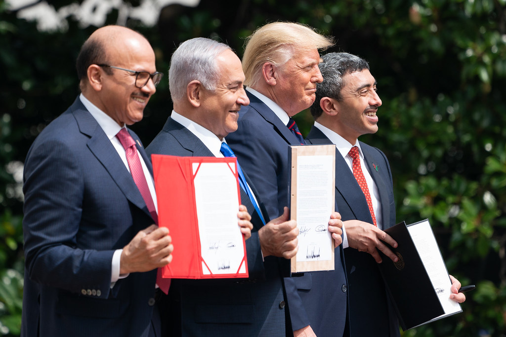(L to R) Minister of Foreign Affairs of Bahrain Dr Abdullatif bin Rashid Al-Zayani, Israeli Prime Minister Benjamin Netanyahu, US President Donald Trump,   and Minister of Foreign Affairs for the United Arab Emirates Abdullah bin Zayed Al Nahyan at the signing of the Abraham Accords, on the South Lawn of the White House, September 15, 2020.