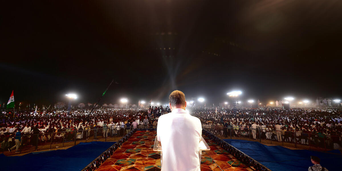 Congress leader Rahul Gandhi speaks during a public meeting ahead of Telangana Assembly elections, at Kollapur in Nagarkurnool district.