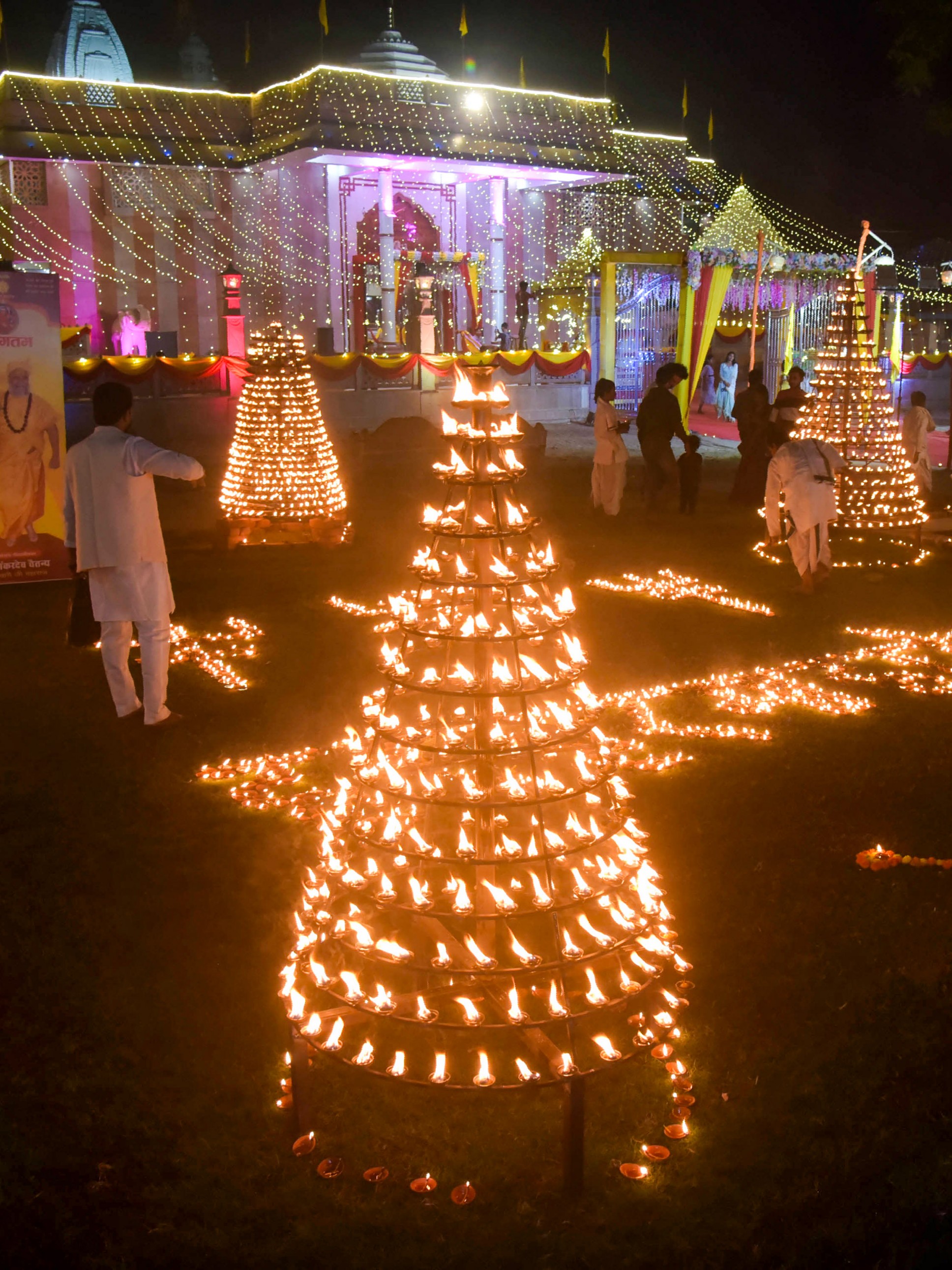 Lighted lamps and decoration to celebrate Diwali at the Dharmasangh Lord Shri Ram Temple, in Varanasi.