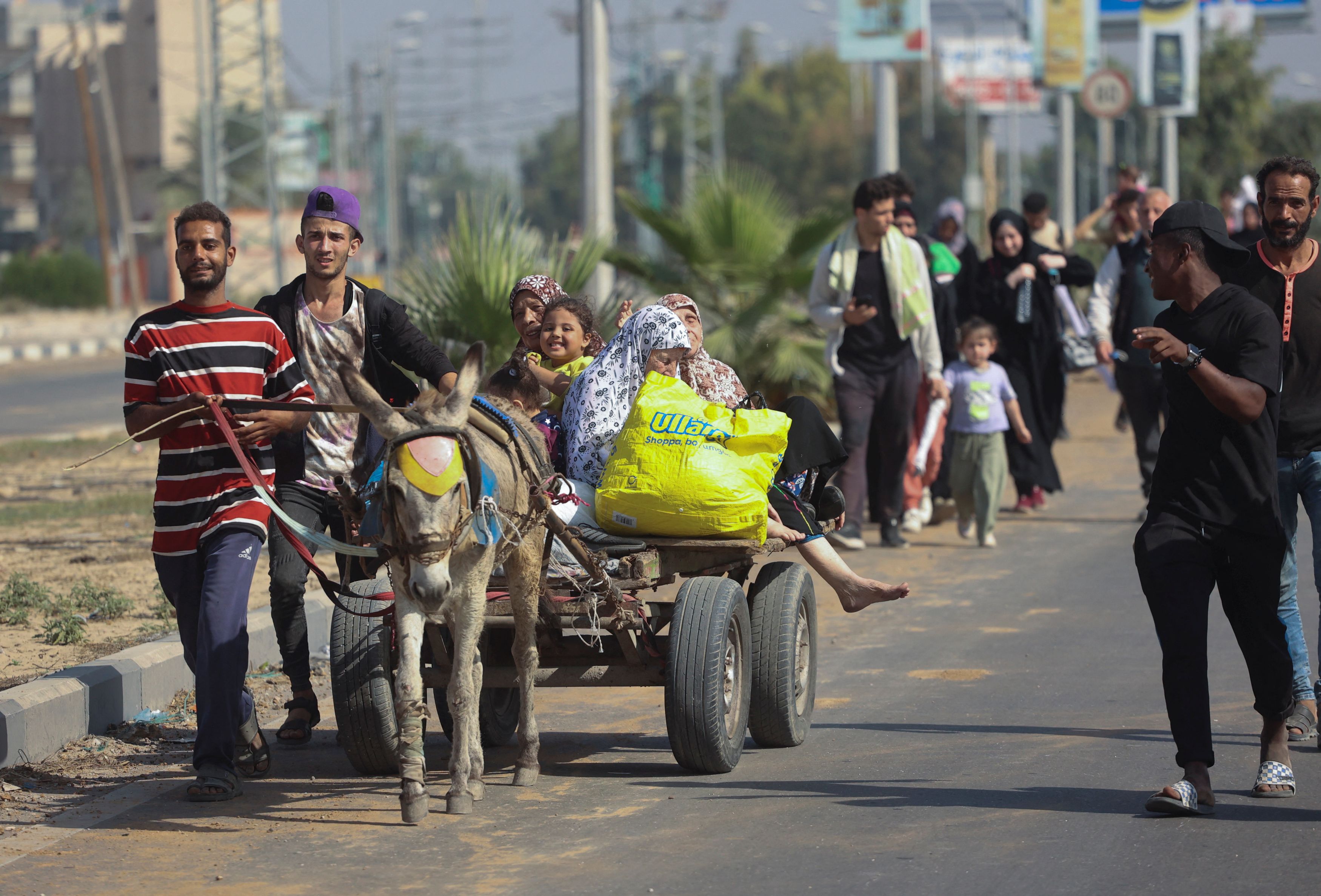 Palestinian civilians ride a donkey-drawn cart as they evacuate from the north of the Gaza Strip towards south, amid the ongoing conflict between Israel and Palestinian Islamist group Hamas, in the central Gaza Strip November 7, 2023. 