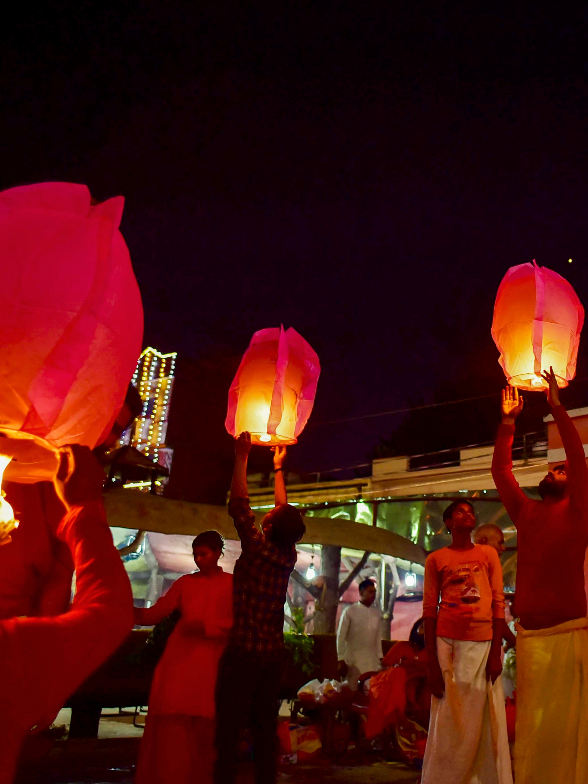Sadhus' of Niranjani Akhara and 'Ved Path' students observed the festival of light, Diwali, by releasing sky lanterns, at Baghambari Math, in Prayagraj.