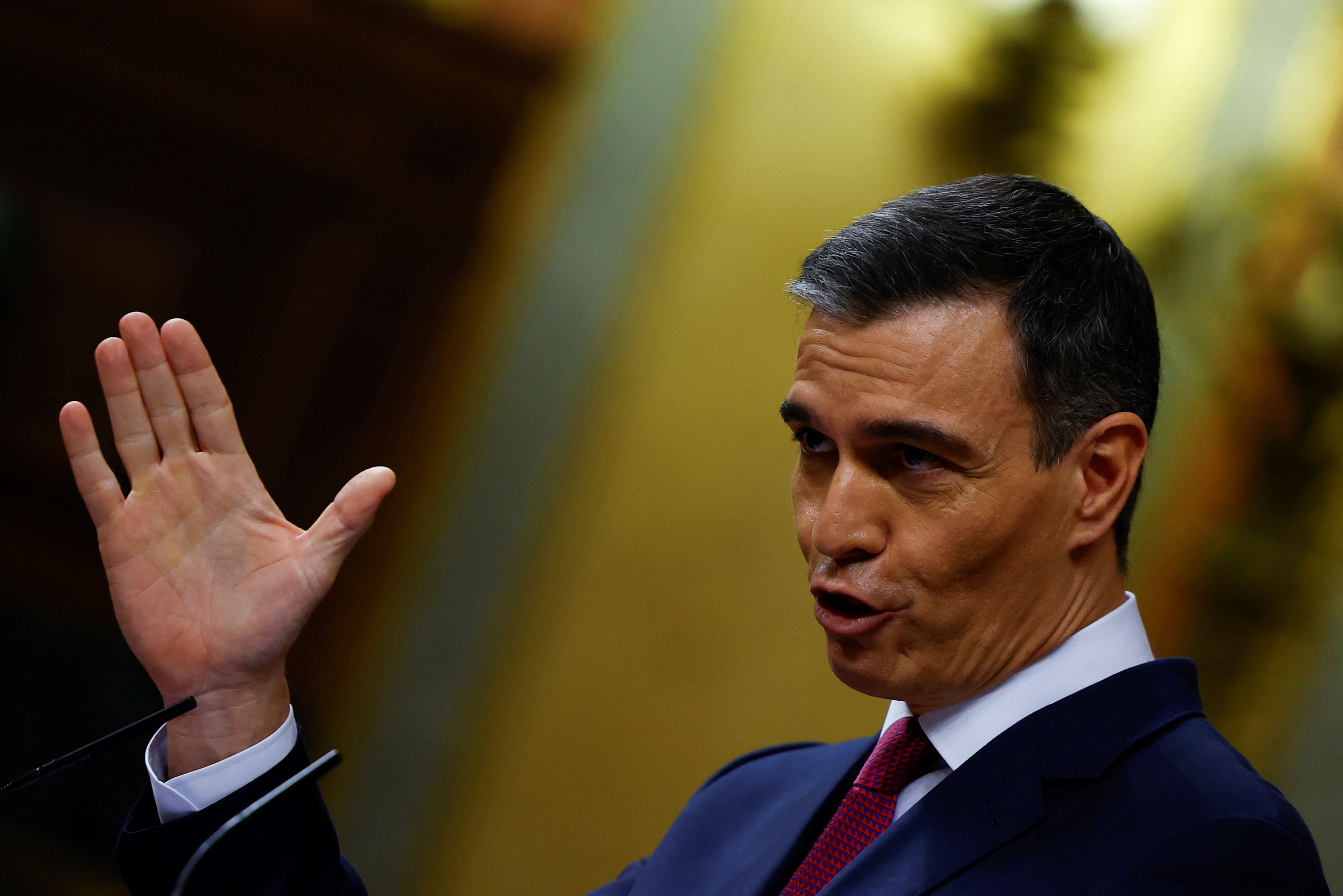 Spain's acting Prime Minister Pedro Sanchez gestures as he speaks during the investiture debate, as Spain's Socialists seek to clinch a new term following a deal with the Catalan separatist Junts party for government support, a pact which involves amnesties for people involved with Catalonia's failed 2017 independence bid, in Madrid, Spain November 15, 2023. 