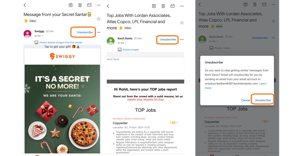 New 'Unsubscribe' shortcut introduced to Gmail app for iOS.
