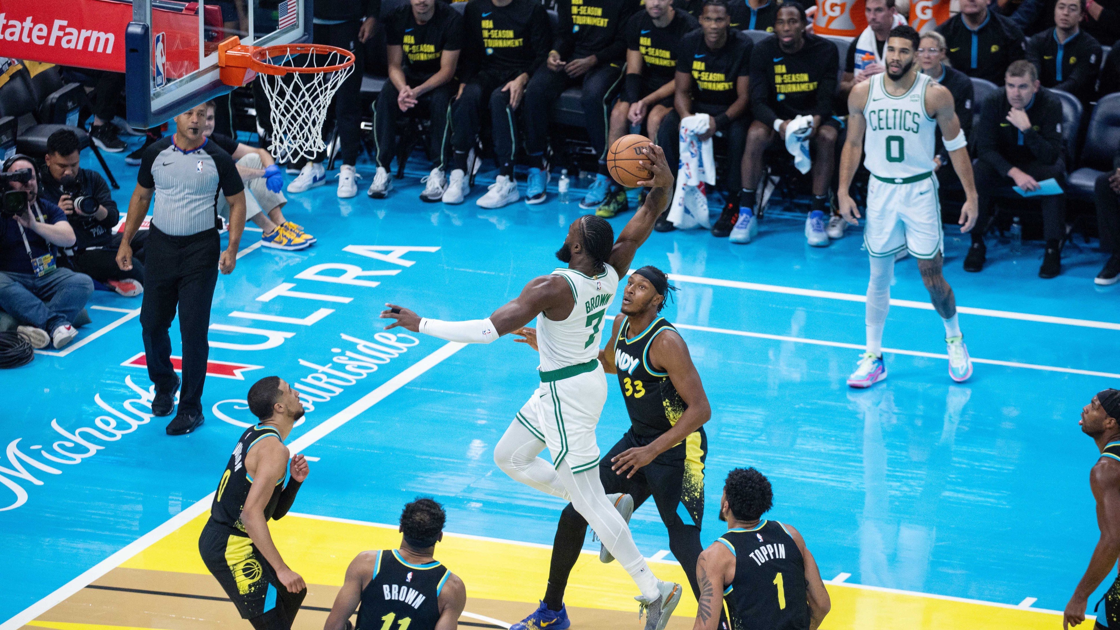 Boston Celtics guard Jaylen Brown  defends in the first quarter at Gainbridge Fieldhouse.  