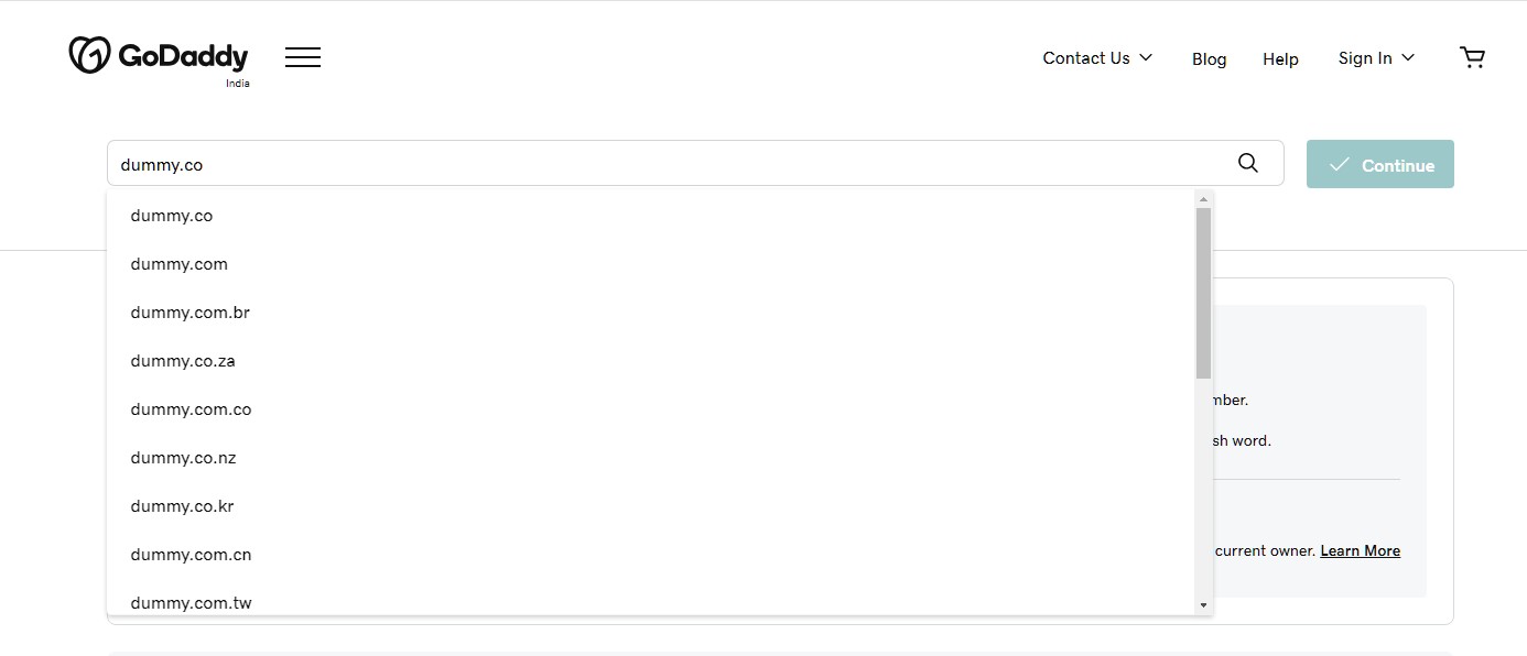 Domain name extension options offered on GoDaddy website.